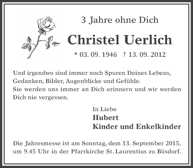  Traueranzeige für Christel Uerlich vom 09.09.2015 aus  Werbepost 