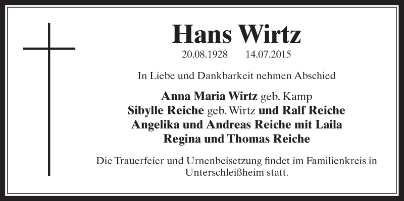  Traueranzeige für Hans Wirtz vom 29.07.2015 aus  Werbepost 