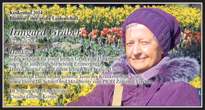  Traueranzeige für Irmgard Gräber vom 01.04.2015 aus  Werbepost 