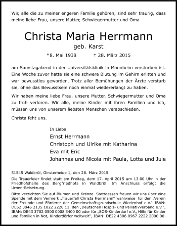 Anzeige von Christa Maria Herrmann von Kölner Stadt-Anzeiger / Kölnische Rundschau / Express