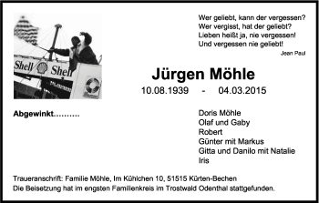Anzeige von Jürgen Möhle von Kölner Stadt-Anzeiger / Kölnische Rundschau / Express
