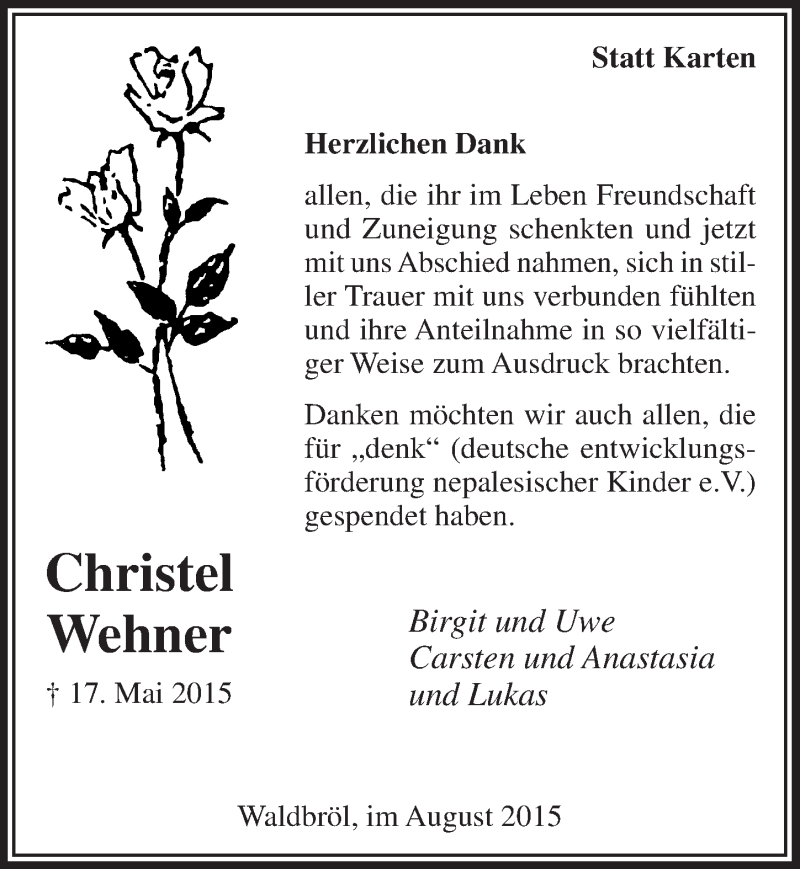  Traueranzeige für Christel Wehner vom 12.08.2015 aus  Lokalanzeiger 