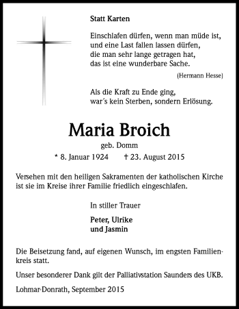 Anzeige von Maria Broich von Kölner Stadt-Anzeiger / Kölnische Rundschau / Express