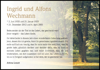 Anzeige von Ingrid und Alfons Wechmann von Kölner Stadt-Anzeiger / Kölnische Rundschau / Express