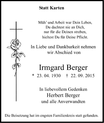 Anzeige von Irmgard Berger von Kölner Stadt-Anzeiger / Kölnische Rundschau / Express