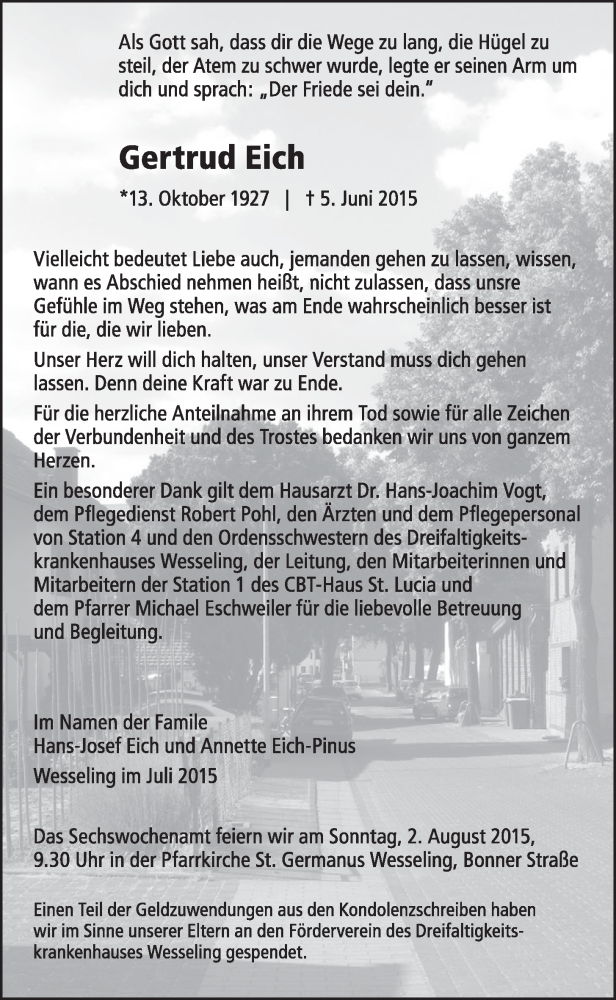  Traueranzeige für Gertrud Eich vom 22.07.2015 aus  Schlossbote/Werbekurier 