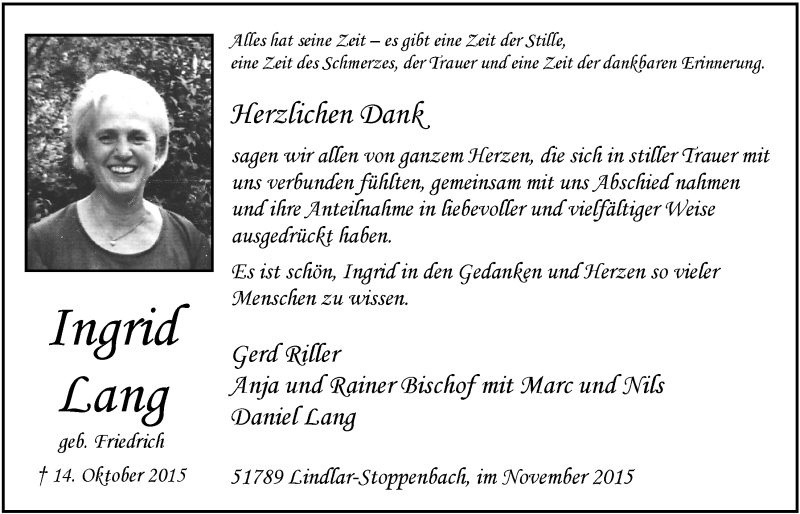  Traueranzeige für Ingrid Lang vom 25.11.2015 aus  Anzeigen Echo 