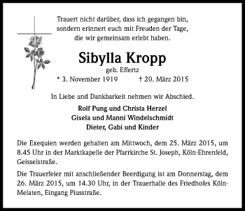 Anzeige von Sibylla Kropp von Kölner Stadt-Anzeiger / Kölnische Rundschau / Express