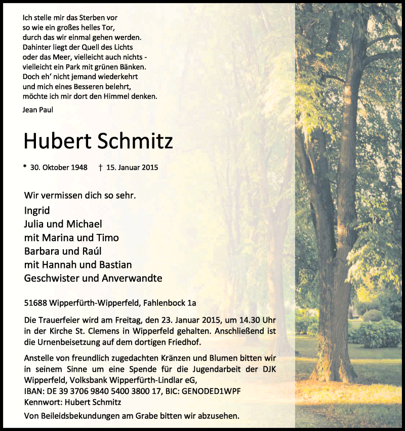 Traueranzeige für Hubert Schmitz vom 17.01.2015 aus Kölner Stadt-Anzeiger / Kölnische Rundschau / Express