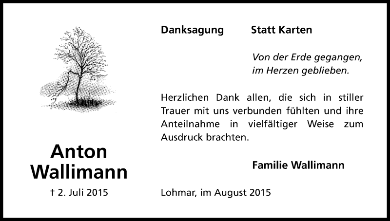  Traueranzeige für Anton Wallimann vom 22.08.2015 aus Kölner Stadt-Anzeiger / Kölnische Rundschau / Express