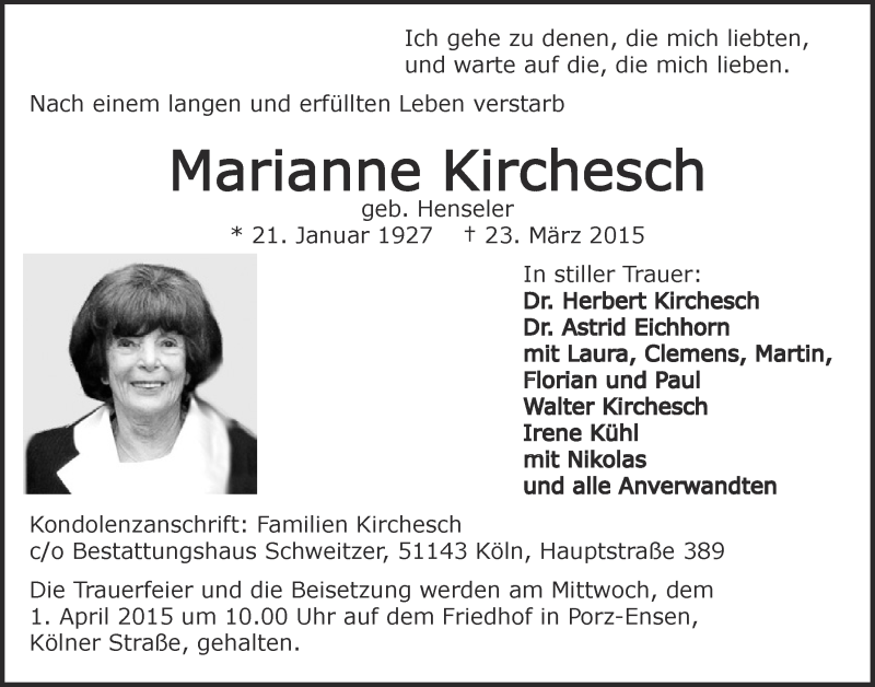  Traueranzeige für Marianne Kirchesch vom 01.04.2015 aus  Kölner Wochenspiegel 