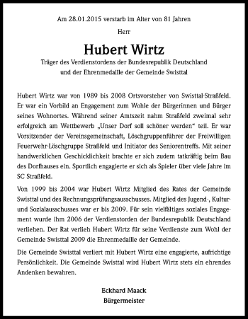 Anzeige von Hubert Wirtz von Kölner Stadt-Anzeiger / Kölnische Rundschau / Express