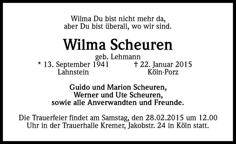  Traueranzeige für Wilma Scheuren vom 21.02.2015 aus Kölner Stadt-Anzeiger / Kölnische Rundschau / Express