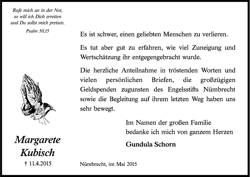  Traueranzeige für Margarete Kubisch vom 23.05.2015 aus Kölner Stadt-Anzeiger / Kölnische Rundschau / Express