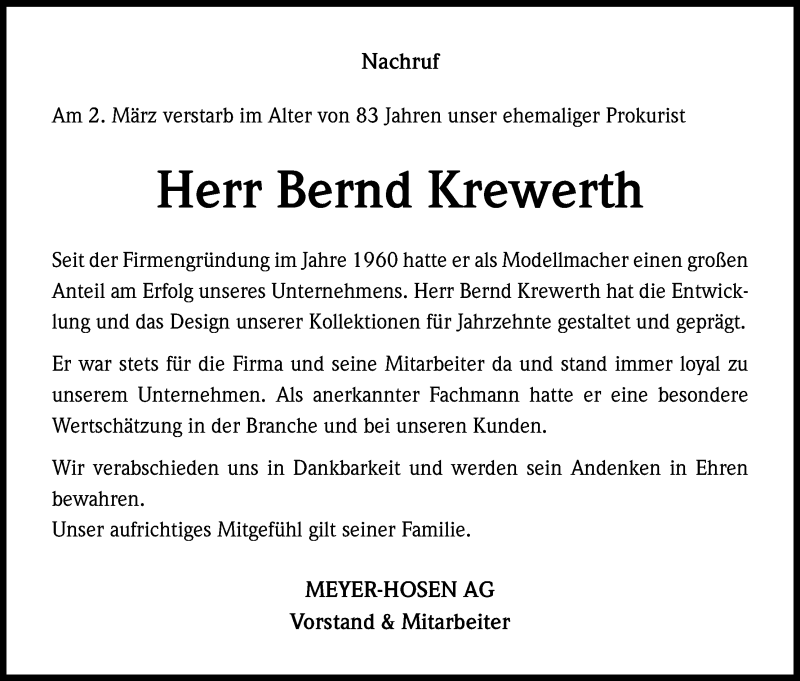  Traueranzeige für Bernd Krewerth vom 07.03.2015 aus Kölner Stadt-Anzeiger / Kölnische Rundschau / Express
