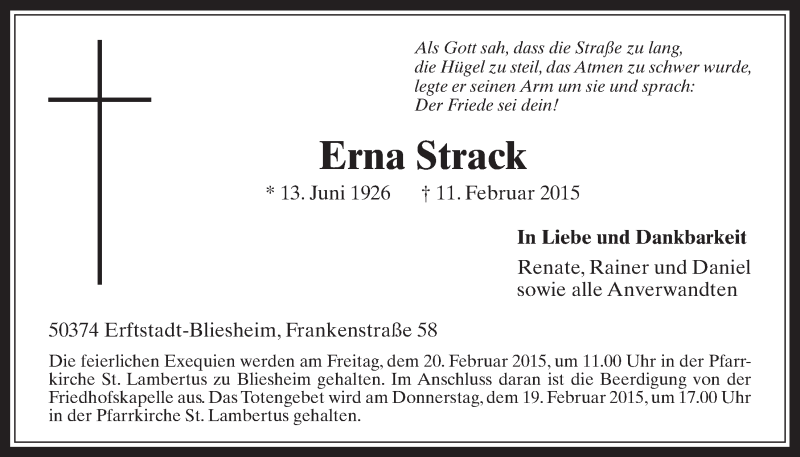 Traueranzeige für Erna Strack vom 18.02.2015 aus  Werbepost 