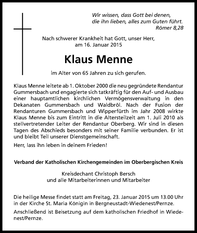  Traueranzeige für Klaus Menne vom 22.01.2015 aus Kölner Stadt-Anzeiger / Kölnische Rundschau / Express