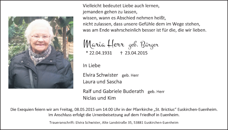  Traueranzeige für Maria Herr vom 03.05.2015 aus  Blickpunkt Euskirchen 
