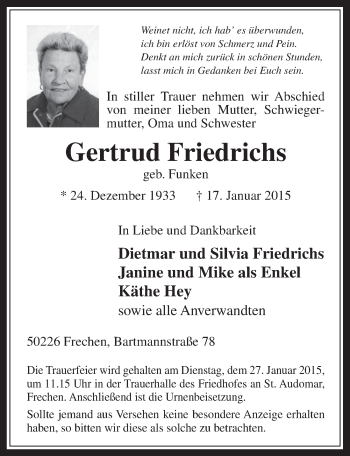 Anzeige von Gertrud Friedrichs von  Wochenende 