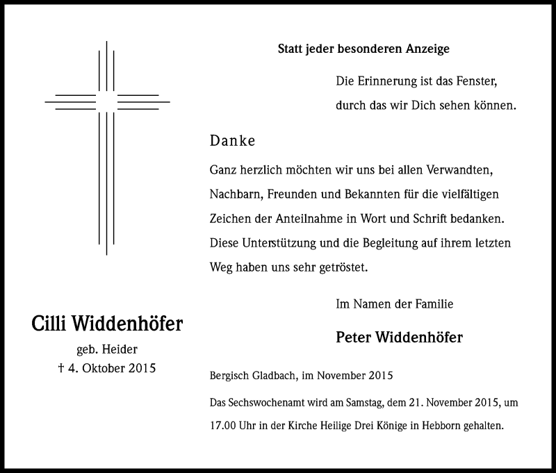  Traueranzeige für Cilli Widdenhöfer vom 14.11.2015 aus Köln - Wir Trauern