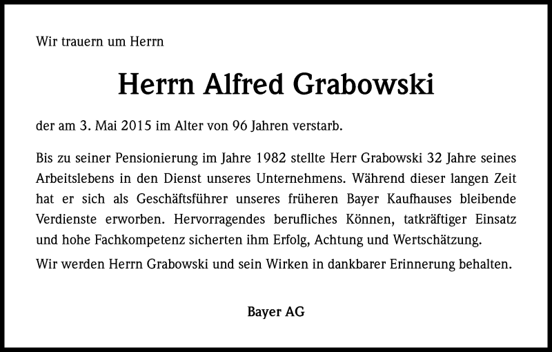  Traueranzeige für Alfred Grabowski vom 23.05.2015 aus Kölner Stadt-Anzeiger / Kölnische Rundschau / Express