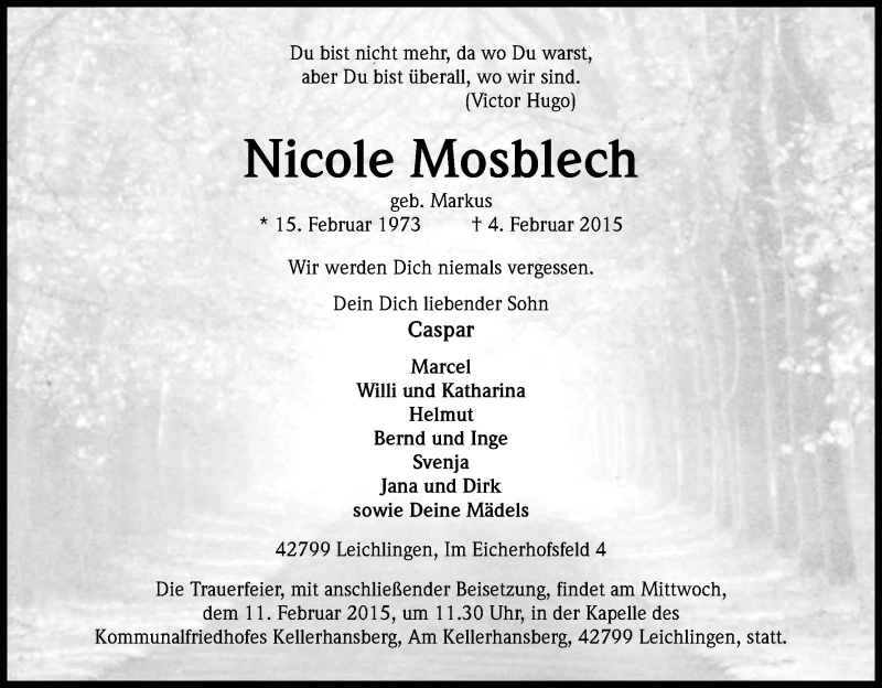 Traueranzeige für Nicole Mosblech vom 07.02.2015 aus Kölner Stadt-Anzeiger / Kölnische Rundschau / Express