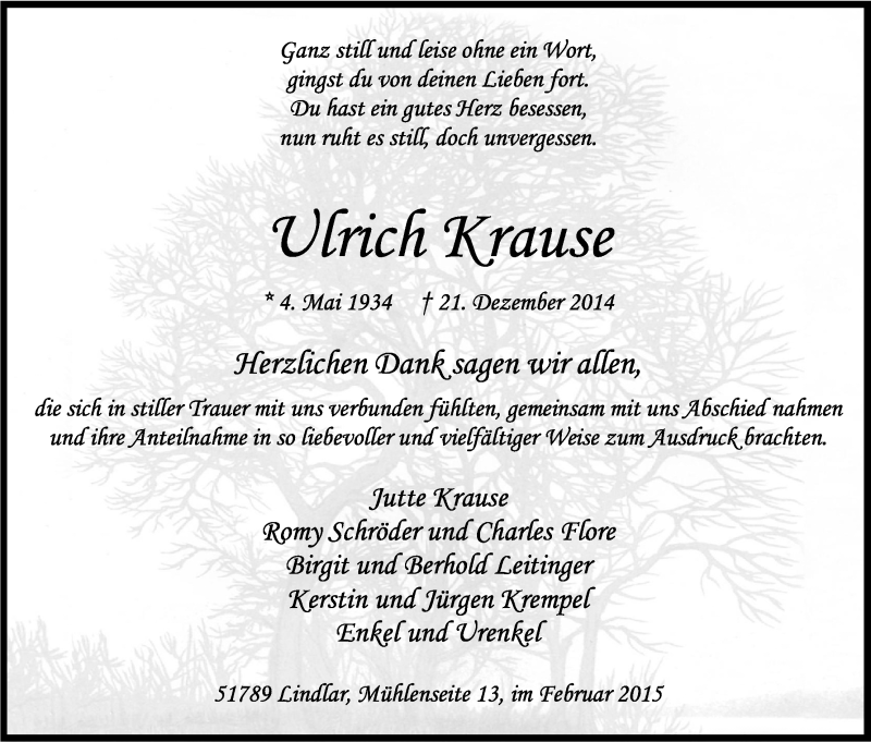  Traueranzeige für Ulrich Krause vom 07.02.2015 aus Kölner Stadt-Anzeiger / Kölnische Rundschau / Express