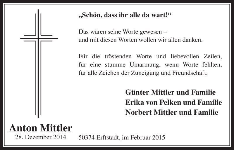  Traueranzeige für Anton Mittler vom 04.03.2015 aus  Werbepost 