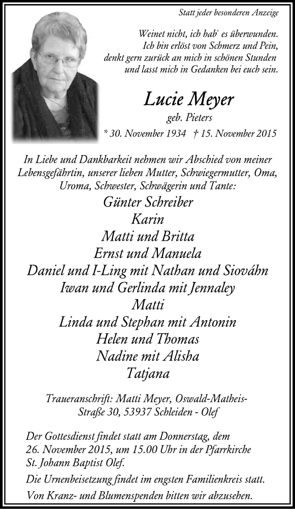  Traueranzeige für Lucie Meyer vom 21.11.2015 aus Kölner Stadt-Anzeiger / Kölnische Rundschau / Express