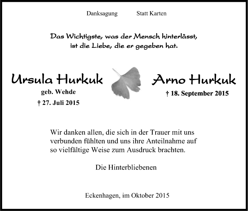 Traueranzeige für Arno Hurkuk vom 16.10.2015 aus Kölner Stadt-Anzeiger / Kölnische Rundschau / Express