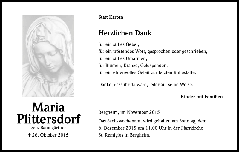  Traueranzeige für Maria Plittersdorf vom 28.11.2015 aus Kölner Stadt-Anzeiger / Kölnische Rundschau / Express