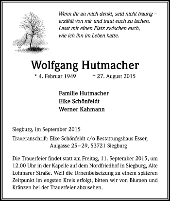 Anzeige von Wolfgang Hutmacher von Kölner Stadt-Anzeiger / Kölnische Rundschau / Express