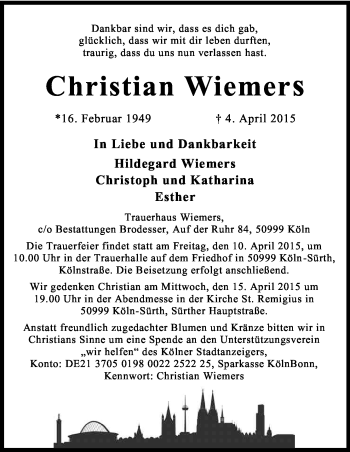 Anzeige von Christian Wiemers von Kölner Stadt-Anzeiger / Kölnische Rundschau / Express