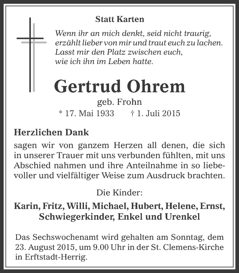 Traueranzeige für Gertrud Ohrem vom 12.08.2015 aus  Werbepost 