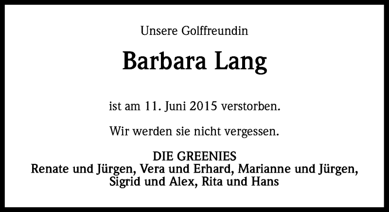  Traueranzeige für Barbara Lang vom 18.06.2015 aus Kölner Stadt-Anzeiger / Kölnische Rundschau / Express
