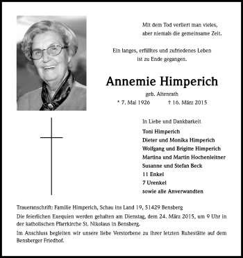 Anzeige von Annemie Himperich von Kölner Stadt-Anzeiger / Kölnische Rundschau / Express