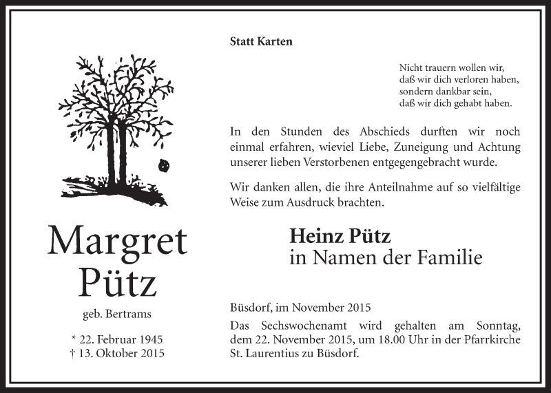  Traueranzeige für Margret Pütz vom 14.11.2015 aus  Sonntags-Post 