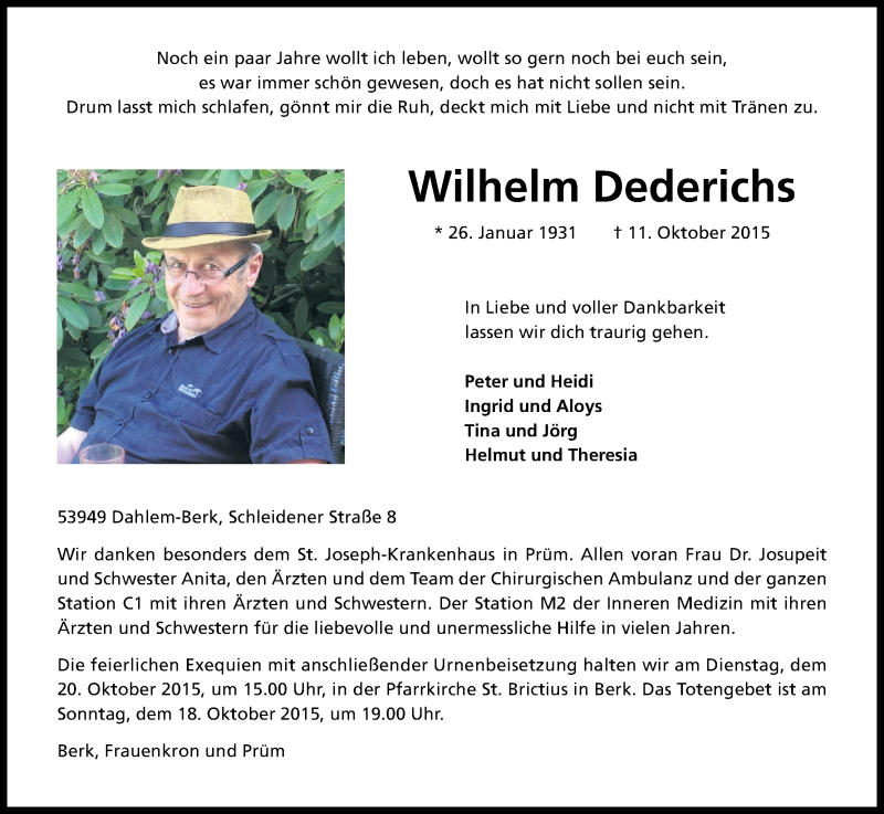  Traueranzeige für Wilhelm Dederichs vom 16.10.2015 aus Kölner Stadt-Anzeiger / Kölnische Rundschau / Express