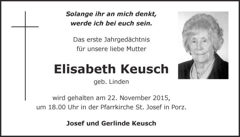  Traueranzeige für Elisabeth Keusch vom 18.11.2015 aus  Kölner Wochenspiegel 