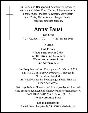 Anzeige von Anny Faust von Kölner Stadt-Anzeiger / Kölnische Rundschau / Express