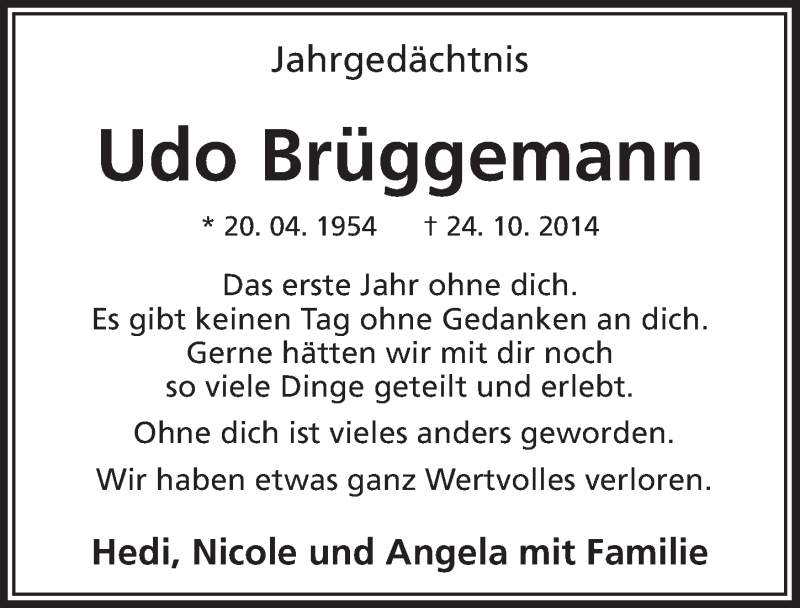  Traueranzeige für Udo Brüggemann vom 21.10.2015 aus  Extra Blatt 