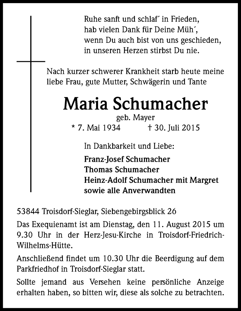  Traueranzeige für Maria Schumacher vom 05.08.2015 aus Kölner Stadt-Anzeiger / Kölnische Rundschau / Express
