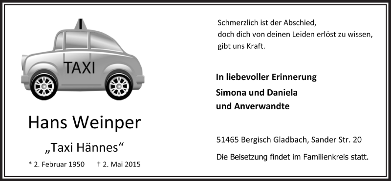  Traueranzeige für Hans Weinper vom 13.05.2015 aus  Bergisches Handelsblatt 
