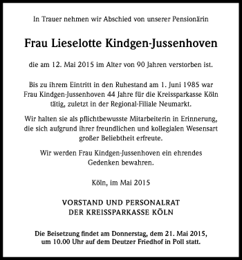 Anzeige von Lieselotte Kindgen-Jussenhoven von Kölner Stadt-Anzeiger / Kölnische Rundschau / Express