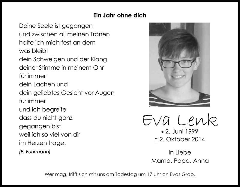  Traueranzeige für Eva Lenk vom 30.09.2015 aus Kölner Stadt-Anzeiger / Kölnische Rundschau / Express