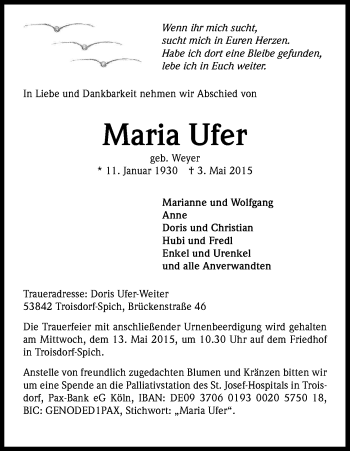Anzeige von Maria Ufer von Kölner Stadt-Anzeiger / Kölnische Rundschau / Express