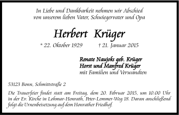 Anzeige von Herbert Krüger von Kölner Stadt-Anzeiger / Kölnische Rundschau / Express