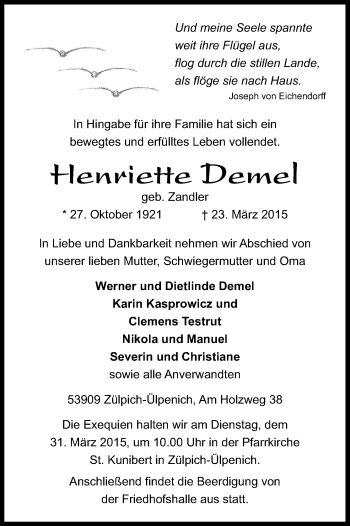 Anzeige von Henriette Demel von Kölner Stadt-Anzeiger / Kölnische Rundschau / Express