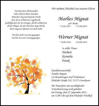 Anzeige von Marlies Mignat von Kölner Stadt-Anzeiger / Kölnische Rundschau / Express