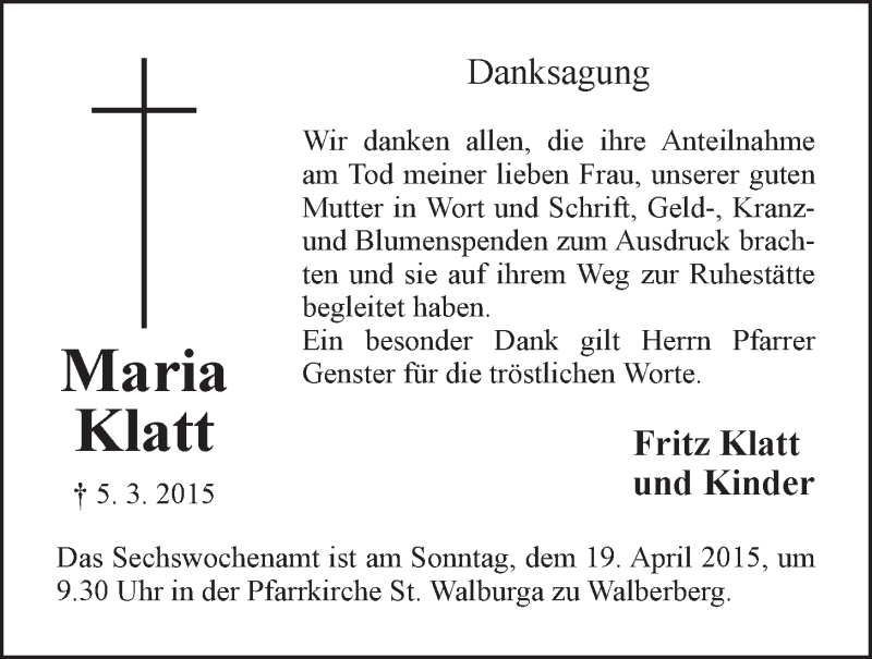  Traueranzeige für Maria Klatt vom 15.04.2015 aus  Schaufenster/Blickpunkt 